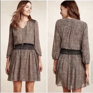 Anthropologie Vanessa Virginia XS Tan Black Smocked Waist Dress Casual Chic